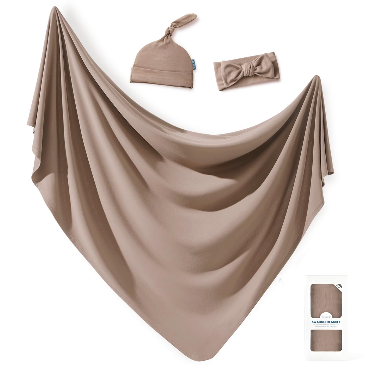 GRSSDER Newborn Swaddle Blanket, Ultra Soft Jersey Receiving Blanket with Matching Headband and Beanie Set, 47×47" Extra Large Nursery Stretchy Swaddle Wrap for Girls and Boys