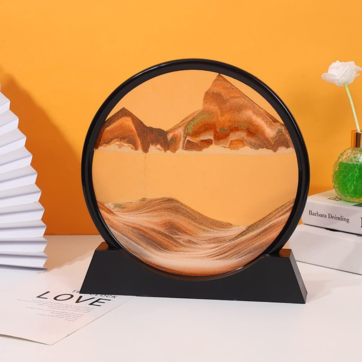 Moving Sand Art Picture in Motion Round Glass 3D Deep Sea Landscape, Dynamic Sand Art Sandscapes, Sensory Relaxing Desktop Table Decor Desk Decor Art Desk (7 inch, Orange)