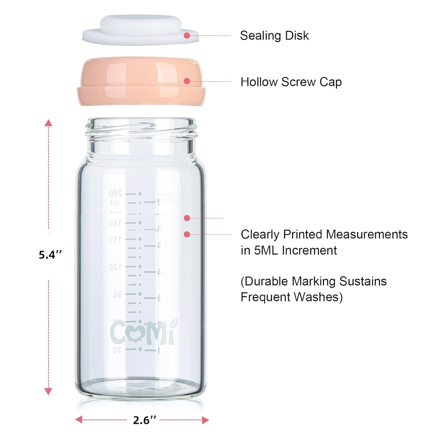 COMI Wide Neck Glass Breastmilk Collection n Storage Bottle, 8oz with Screw Ring Sealing Disk; Re-markable Sealing Disc. BPA Free, Fits Breast Pumps & Nipples (2 Pink Lids)