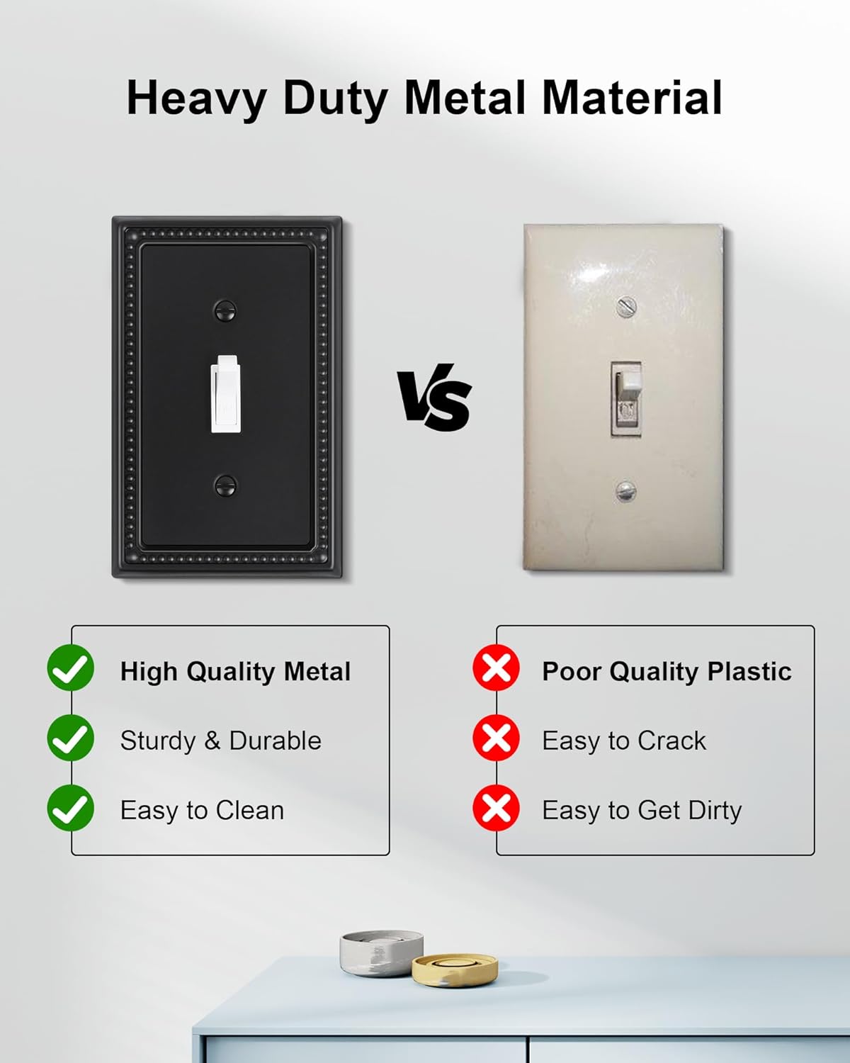 6-Pack Single Toggle Light Switch Cover Plate, Pearls Decorative Switch Plate Covers, Black 1 Gang Metal Wall Plate, Corrosion Resistant