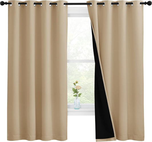 NICETOWN Bedroom Full Blackout Curtain Panels, Super Thick Insulated Window Covers, Complete Blackout Draperies with Black Liner for Short Window(Biscotti Beige, Set of 2 PCs, 55 by 68-inch)