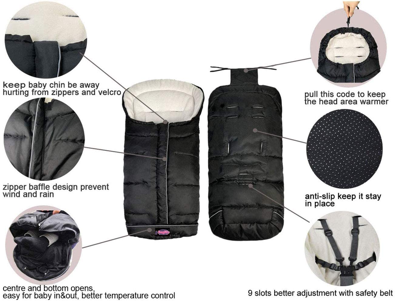 Weather Proof Oudtoor Walking Universal Stroller Bunting Bag with Reflective Strips,Multi-Zippers,Central and Feet Area Opens,Easy for Baby in&Out&Temperature Regulation Footmuff for Stroller,Black