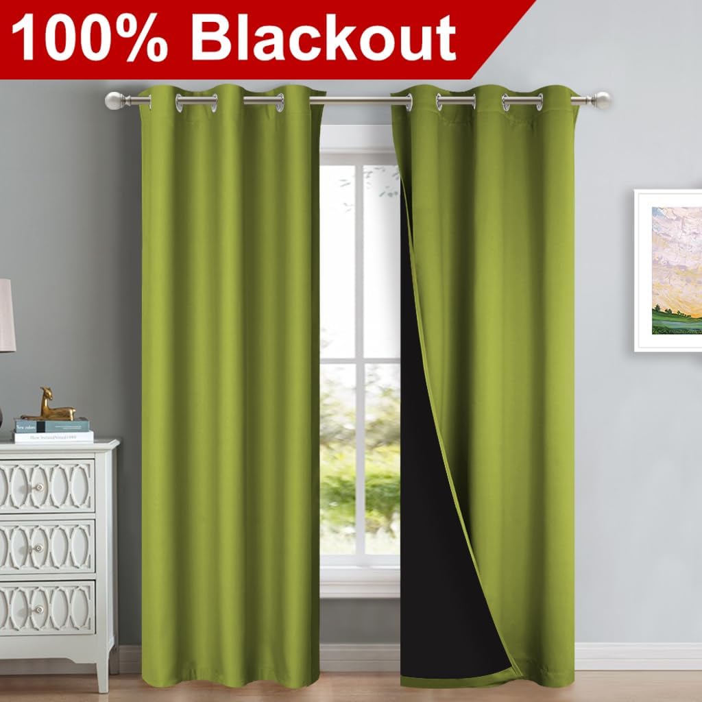 NICETOWN Full Shade Curtain Panels, 37" Wide x 80" Long, Fresh Green, Pair of Thermal Insulated & Energy Efficiency Blackout Drapes for Living Room, Lined Silky Performance Window Dressing