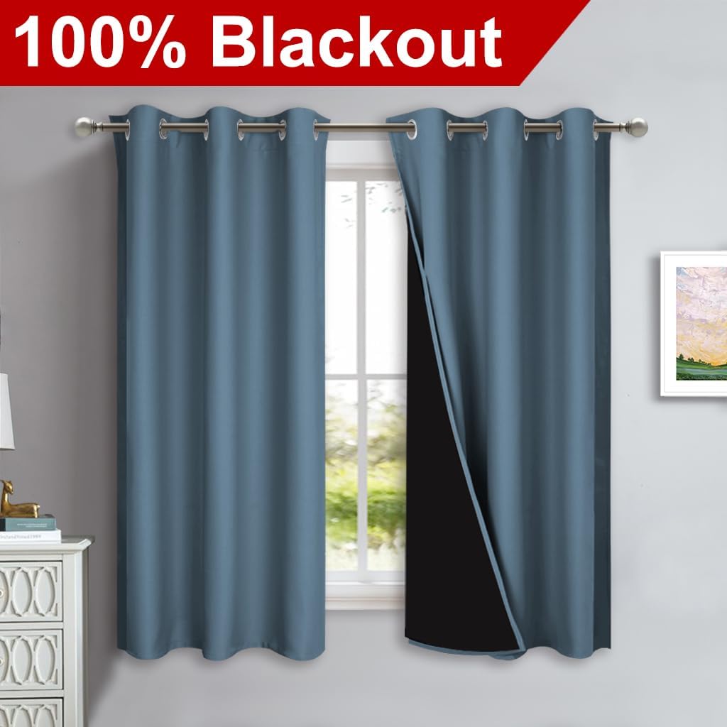 NICETOWN 100% Blackout Short Curtains with Black Liners, 2 Panels, 37" W by 50" L, Smoky Blue, Solid Thermal Insulated Full Blackout 2-Layer Lined Drapes, Energy Efficiency Window Drapes for Bedroom