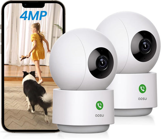 AOSU 4MP Security Camera Indoor - 2.5K Baby Monitor Pet Camera 360° for Home Security with 5/2.4 GHz Wi-Fi Router, One-Touch Call, Smart Motion Tracking (2 Pack)