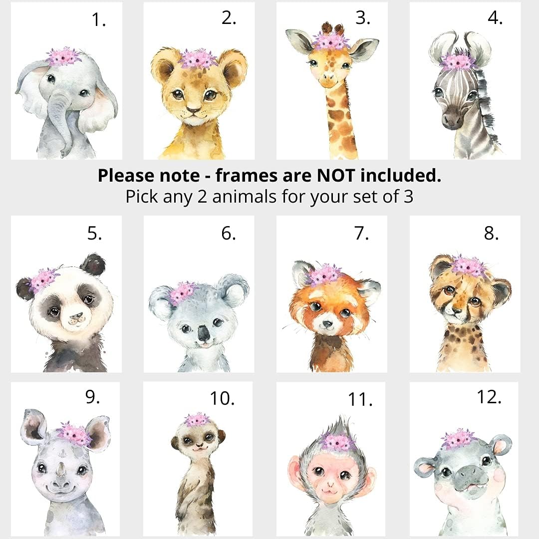 Personalized Safari Animals for Baby Girls Nursery, Set of 3 Unframed Poster Prints, Personalized Name Pink Lilac Floral, Girls Bedroom Decor, Elephant Giraffe (9x12)