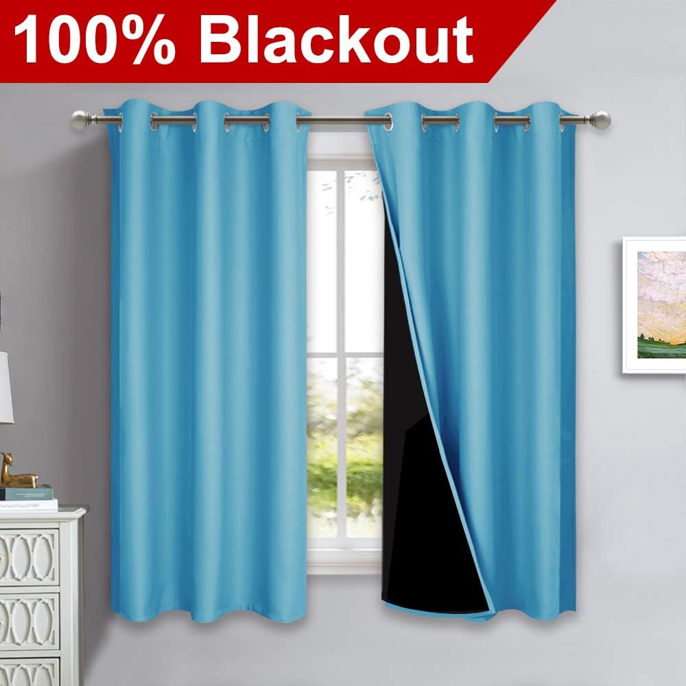 NICETOWN 100% Blackout Short Curtains with Black Liners, 2 Panels, 37" W by 63" L, Teal Blue, Solid Thermal Insulated Full Blackout 2-Layer Lined Drapes, Energy Efficiency Window Draperies for Bedroom