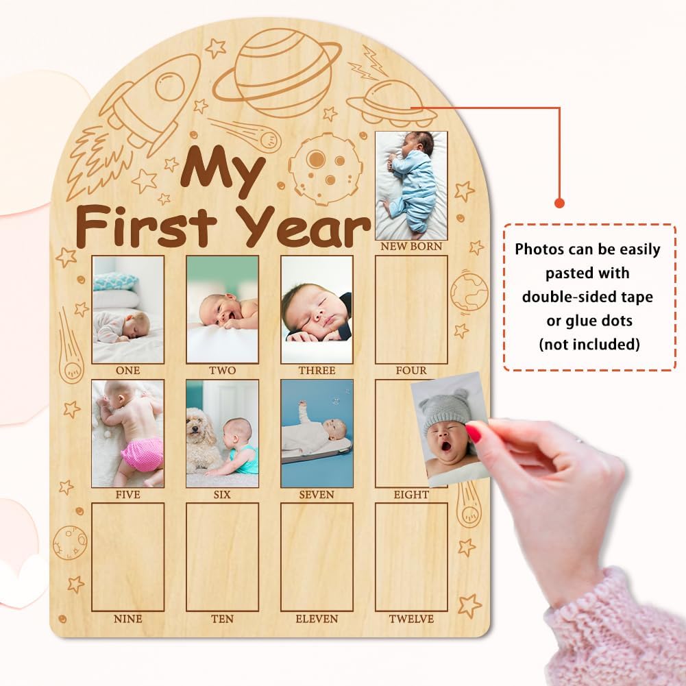 ORIGACH My First Year Baby Growth Photo Display Wood Board - 12 Months Newborn Milestones Photo Board - Neutral Baby Keepsake Board 1st Birthday Party Nursery Decor New Mom Gift - Space