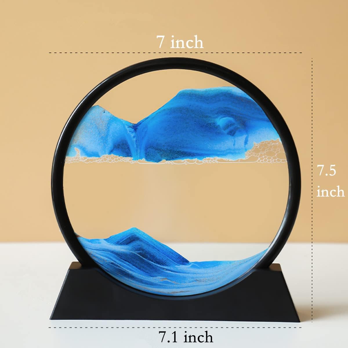 Moving Sand Art Picture in Motion Round Glass 3D Deep Sea Landscape, Calming Fidget Dynamic Sand Art Sandscapes, Sensory Relaxing Desktop Decor Art(7 inch, Blue)