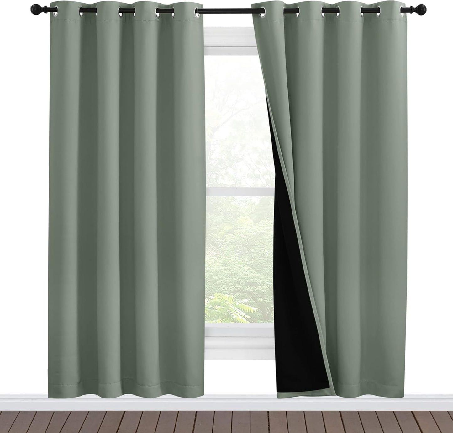 NICETOWN 100% Blackout Window Curtain Panels, Full Light Blocking Drapes with Black Liner for Nursery, 78-inch Drop Thermal Insulated Draperies (Greyish Green, 2 Pieces, 55-inch Wide Per Panel)