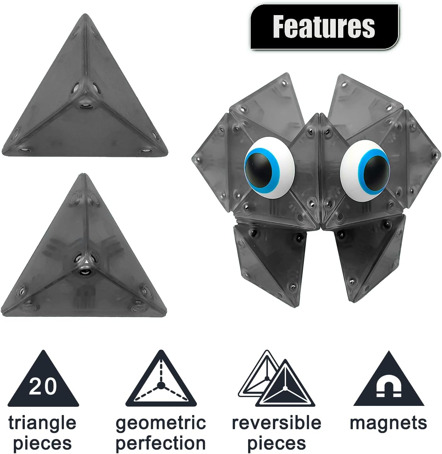 Magnetic Fidget Toys Desk Decor for Stress Relief, 22 Pcs Triangle Puzzle Magnet Fidget Balls Building Blocks for Teens & Adults, Girls, Boys (Black)