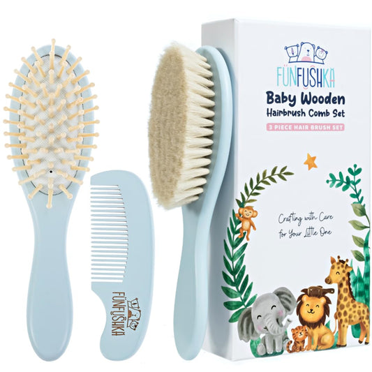 Baby Hair Brush Set for Newborns - Baby Brush and Comb Set - Ultra Soft Goat Hair Bristles, Perfect for Cradle Cap, Newborn Showers & Registries Gift, Comb Brush for Girls & Boys (Sky)