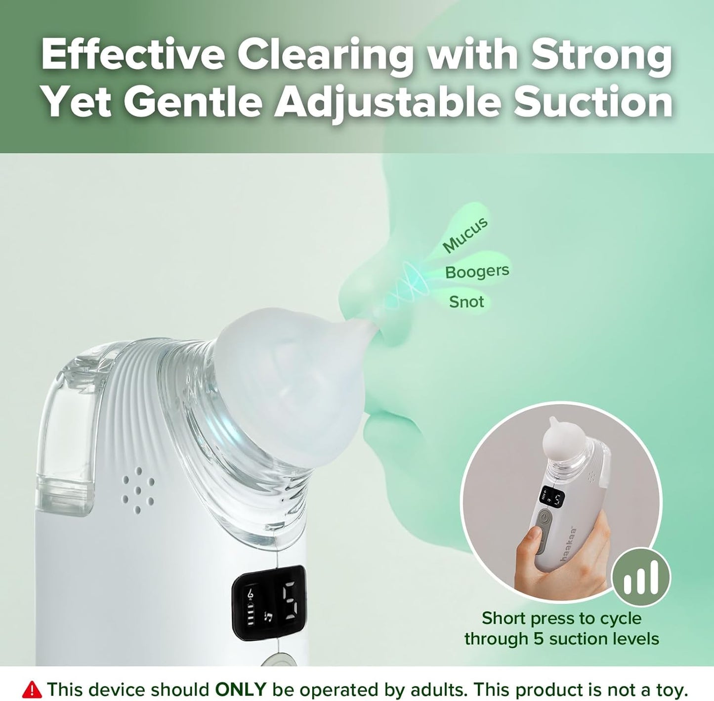 Haakaa Nasal Aspirator for Baby, 2-in-1 Electric Baby Nasal Aspirator with Sprayer – Baby Nose Sucker, Nose Sucker for Baby – 5 Adjustable Suction Levels up to 65kPa, Quiet, Music & Lights