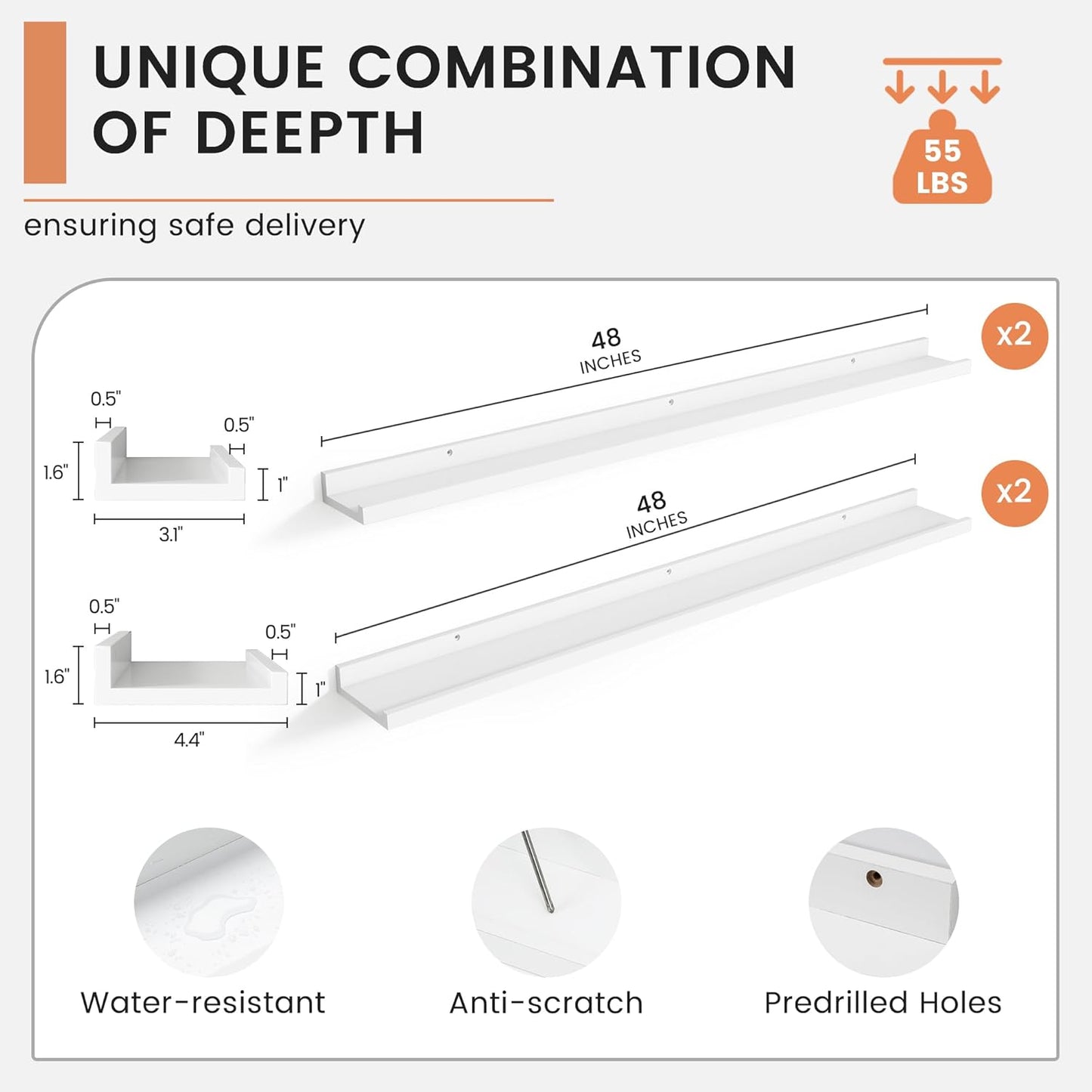 Floating Picture Ledge Shelves for Wall Set of 4, 48 Inch Wall Shelves with Lip Long Large Nursery Book Shelf for Toys Storage Kids Bookshelf Wall Mounted Living Room Bedroom Decor Frames