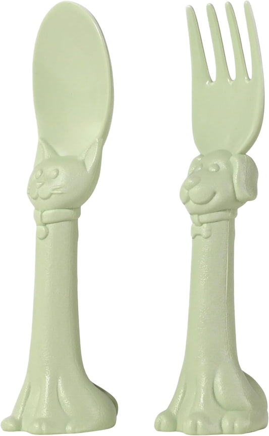 Made in USA Spoon la la Toddler Utensils Set - 2 Pack (1 Spoon & 1 Fork for Kids) - Self-Standing 3D Ergonomic Cat & Dog Handles - BPA-free, Dishwasher Safe, Baby Silverware (Mint Green)