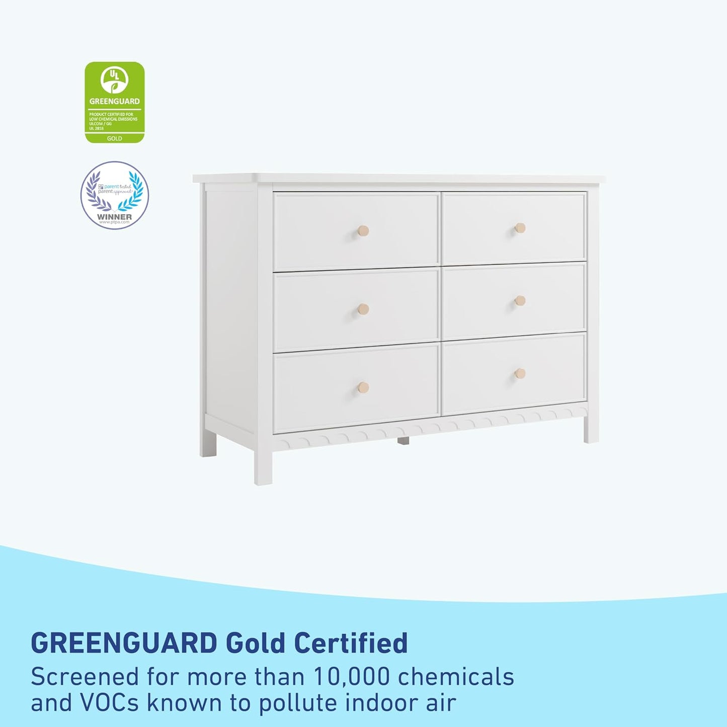 Graco Sasha 6 Drawer Dresser (White) – GREENGUARD Gold Certified, Wood Storage for Nursery or Kids’ Room, Safe Interlocking Drawer System & Easy Assembly with Pre-Installed Tracks