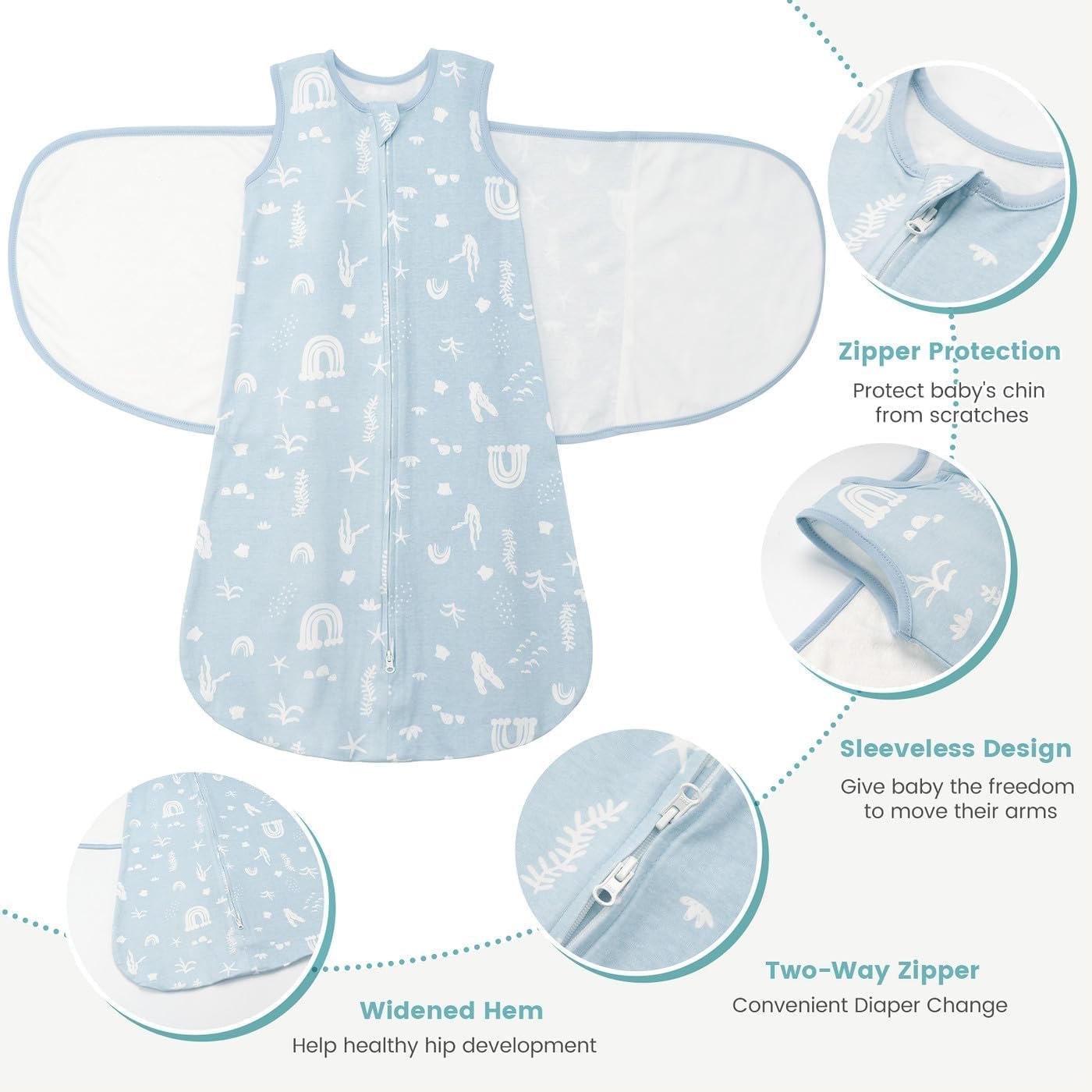 Baby Swaddle Sleep Sack 1.0 Tog 3-in-1 Cotton Baby Swaddle Blanket Wrap for Newborns 6-12 Months Seabed World