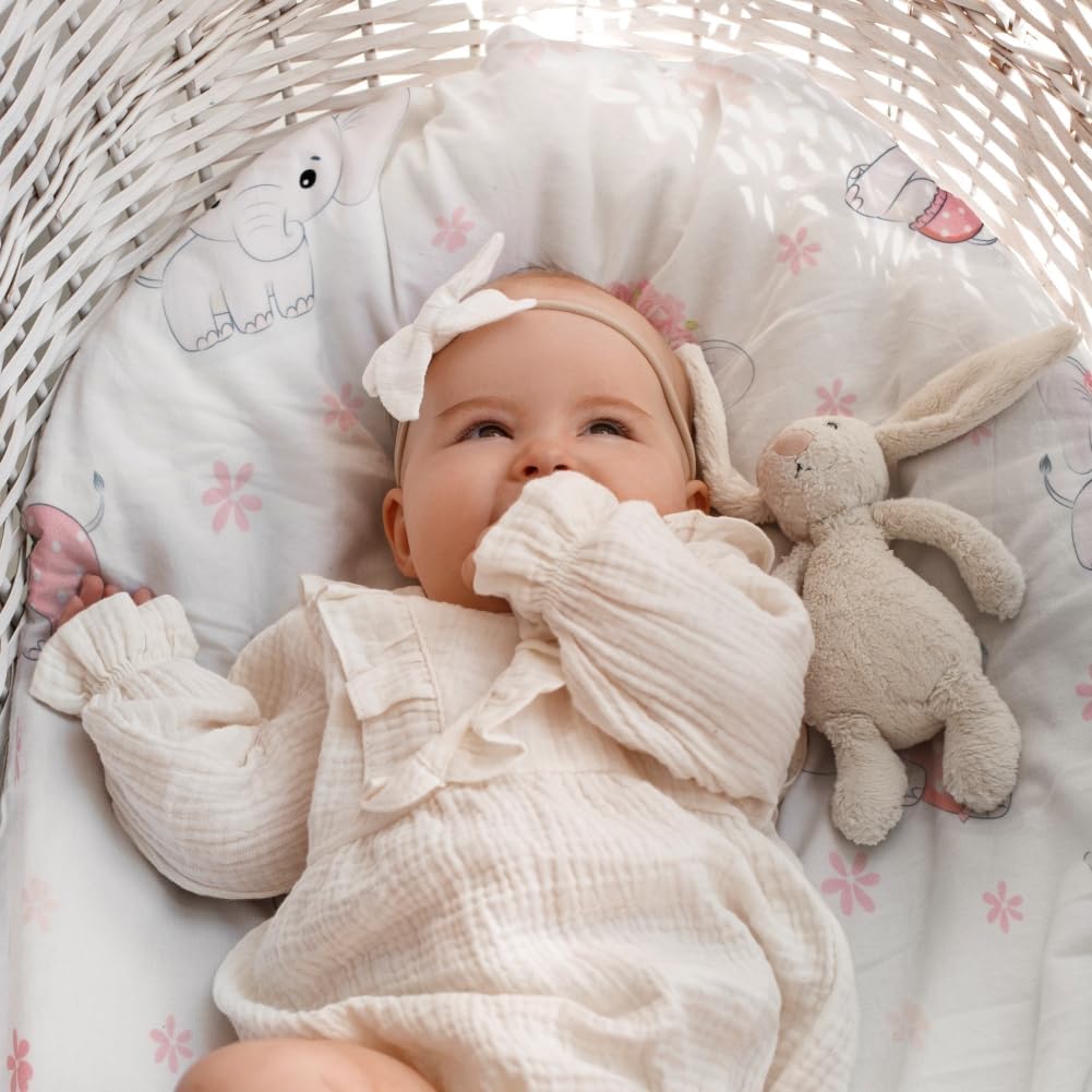 4 Pack Baby Girl Bassinet Sheets Set Soft Fitted Floral or Elephant Theme Baby Girl Mattress Covers Breathable Toddler Bed Sheets for Infant or Newborn Girls (Elephant, Bassinet Sheets)