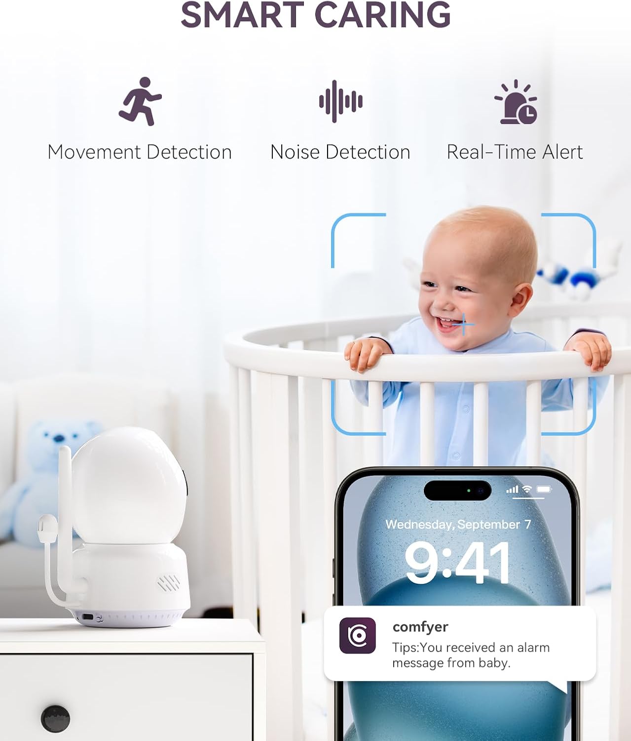 Baby/Pet Monitor for Indoor Security, Monitoring with Smart Phone app, 2K QHD Resolution, Auto Tracking/Motion Dection, 2-Way Audio Talk, Night Vision, Pan-Tilt Camera