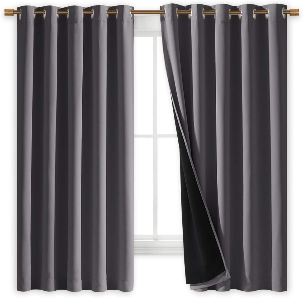 NICETOWN 100% Blackout Curtains with Black Liners, Thermal Insulated Full Blackout 2-Layer Lined Drapes, Energy Efficiency Window Draperies for Bedroom (Grey, 2 Panels, 70-inch W by 63-inch L)