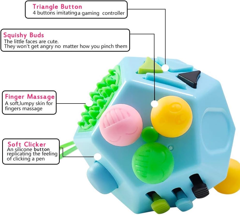 12 Sided Finger Cube Toys, Fidget Toys Relief Stress, Autism and Anxiety Depression for Kids Adults (Blue, Normal)