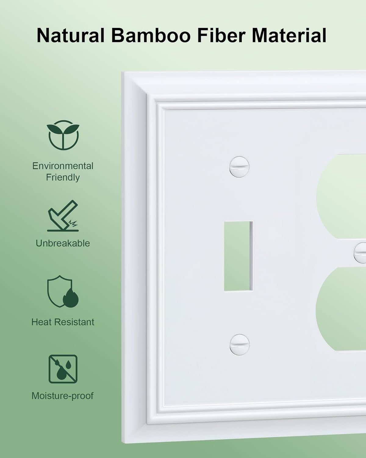 2-Pack Combo Toggle/Duplex Light Switch Cover Plate, Pure White Outlet Cover Plate, Natural Bamboo Fiber Decorative Wall Receptacle Cover for Electrical Outlets, Light Switch