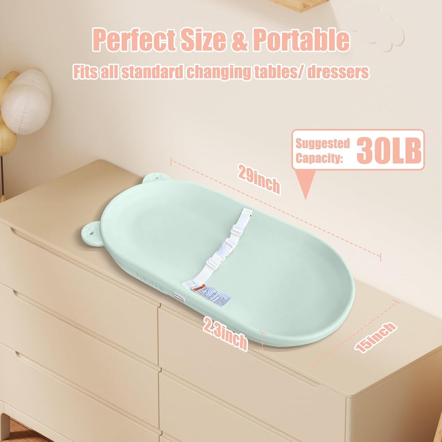 Baby Changing Pad, EVA Waterproof Non-Slip Changing Table Pad with Adjustable Strap for Dresser Changing Table Nursery, Portable Diaper Changing Pad, Green