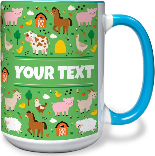 Personalized Mug for Kids - Farm Animals - Custom Name/Text, Ceramic Hot Chocolate/Cocoa/Coffee Cup for Boys/Girls, Birthday/Christmas/Holiday Gift - 15 oz, Light Blue Handle