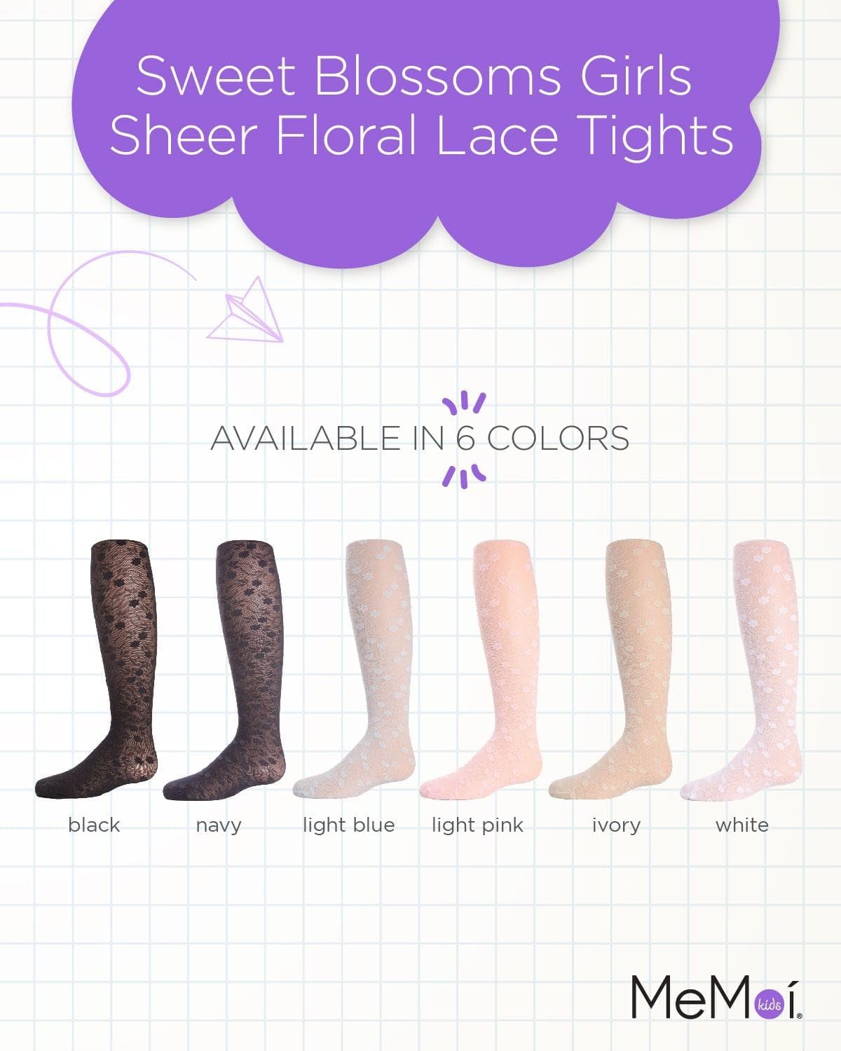 MeMoi Sweet Blossoms Sheer Tights for Girls, Ultra Soft and Lightweight Floral Lace Girls Tights - Sizes 2-14