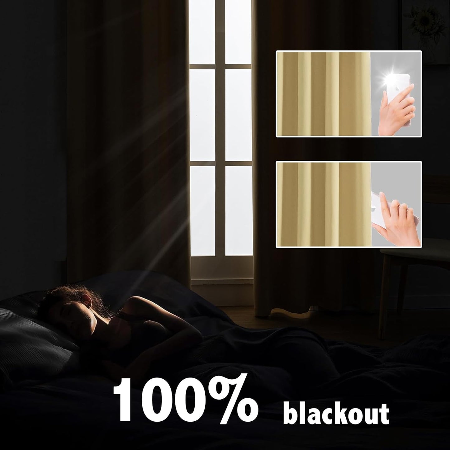 Anytime 100% Blackout Curtain Set, Thermal Insulated & Energy Efficiency Window Draperies for Guest Room, Full Shading Panels for Shift Worker and Light Sleepers（Beige, 2 Panels, 52W x 120L）