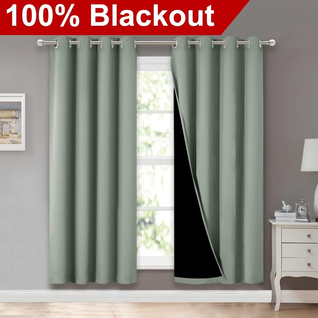 NICETOWN 100% Blackout Window Curtain Panels, Full Light Blocking Drapes with Black Liner for Nursery, 72-inch Drop Thermal Insulated Draperies (Greyish Green, 2 Pieces, 52-inch Wide Per Panel)