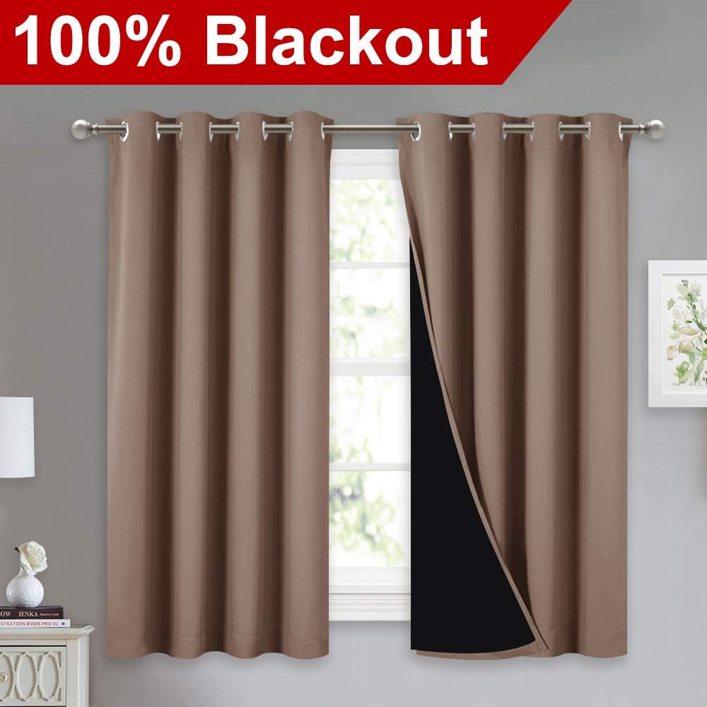 NICETOWN Room Warming Curtains, Bedroom Full Blackout Panels, Super Thick Insulated Window Covers, 100% Blackout Blinds with Black Liner for Small Window(Cappuccino, Set of 2 PCs, 52 by 45-inch)