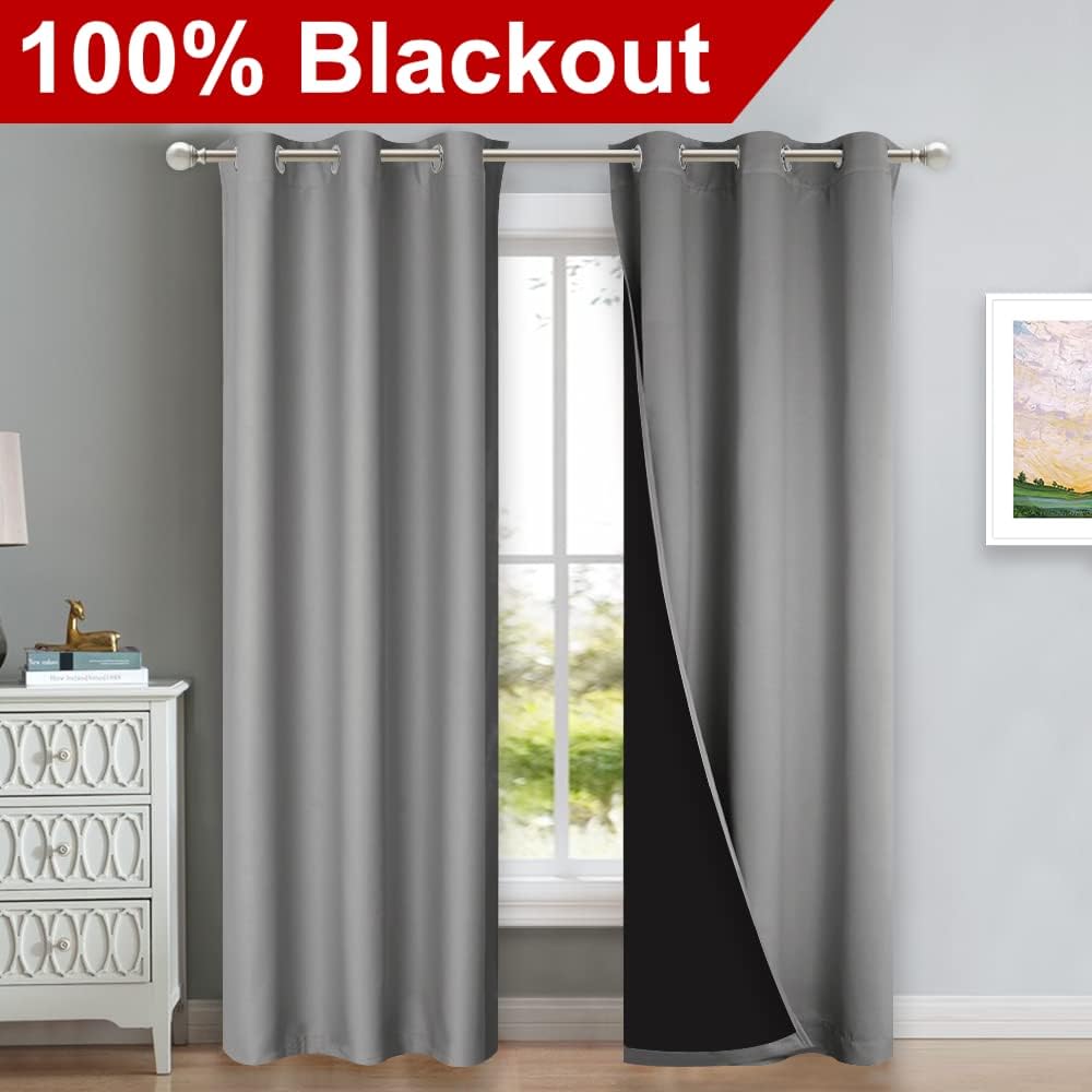 NICETOWN Blackout Curtains 80 inches Long, Full Light Blocking Drapes with Black Liner for Nursery, Thermal Insulated Draperies for Hall, Villa (Silver Grey, 2 Pieces, 42" Wide Each Panel)