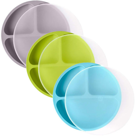 WeeSprout Silicone Plates with Lids for Babies & Toddlers (3 Pack) 100% Food-Grade Dishes for Self Feeding, Divided Design & Raised Edges for Picky Eaters, Dishwasher & Microwave Safe Weaning Supplies