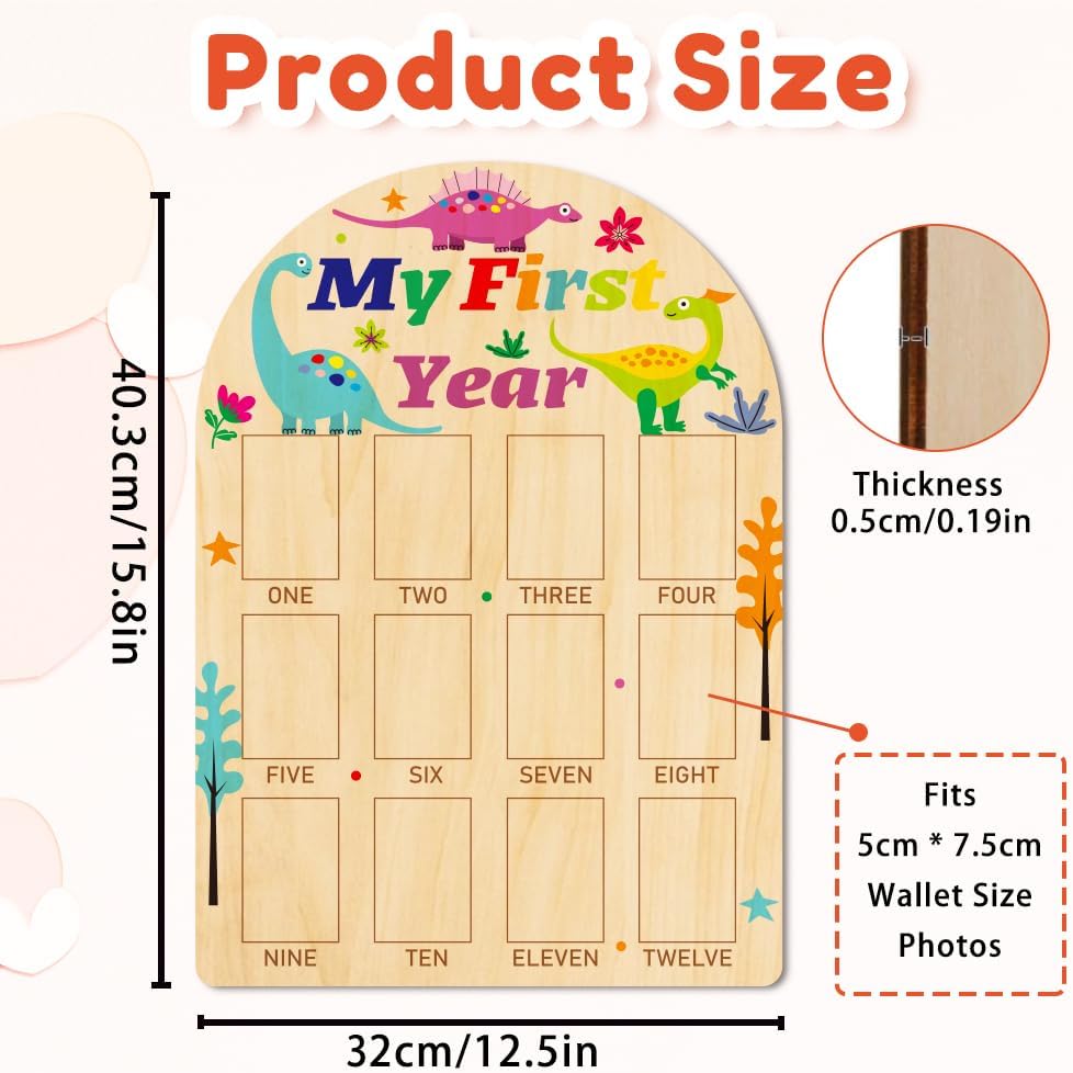 ORIGACH My First Year Baby Growth Photo Display Wood Board - 12 Months Newborn Milestones Photo Board - Neutral Baby Keepsake Board 1st Birthday Party Nursery Decor New Mom Gift - Dinosaur