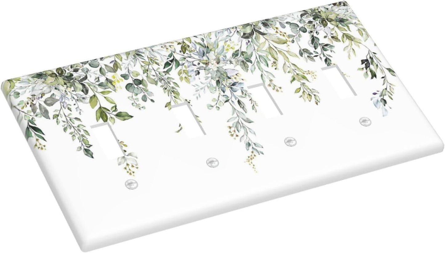 Light Switch Covers Boho Farmhouse Flower Leaf Sage Green Quad Toggle Electrical Faceplate 4 Gang Wall Plate Decorative Switch Plates for Bedroom Cabin Decor
