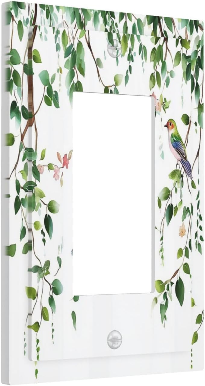 Decorative Outlet Covers Green Leaves Bird Eucalyptus Sage Plant 1 Gang Single Rocker Light Switch Cover Plate Wall Plates Gfci Faceplate For Bed Room Living Room Decor