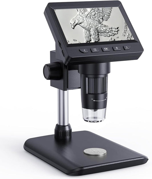 Digital Microscope, Coin Microscope with Light Adjustable Brightness 4.3" HD LCD Screen, 1000X Zoom PC View, Compatible with MacOS & Windows - Black