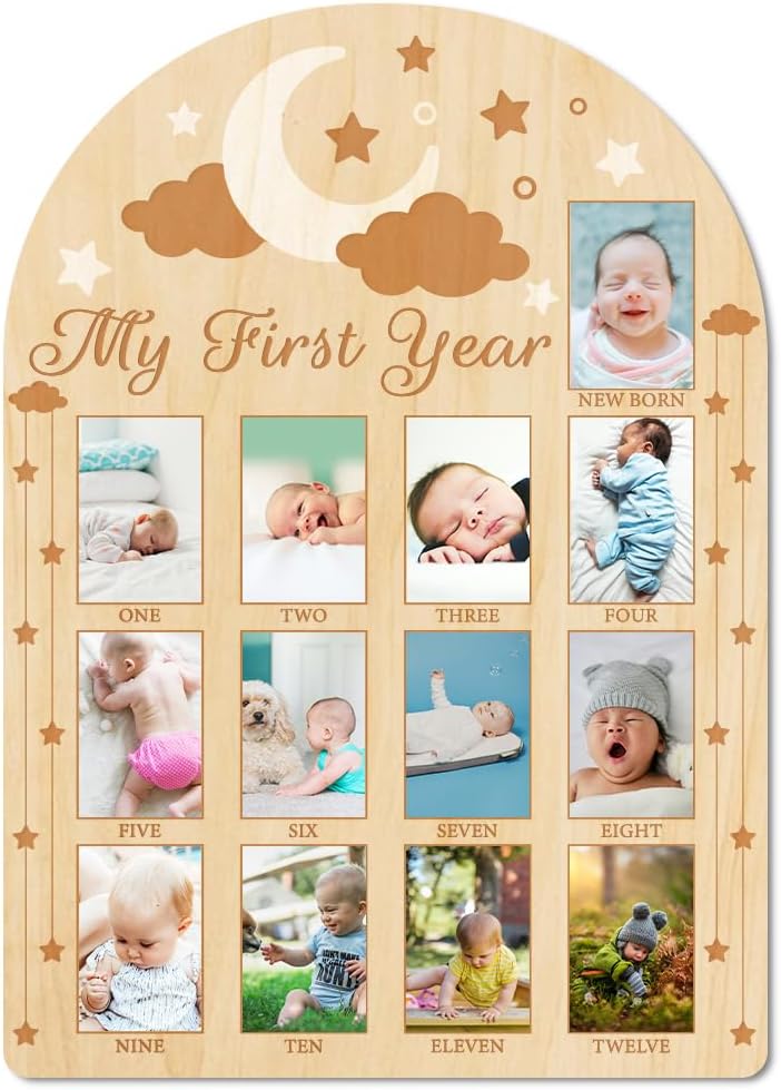 ORIGACH My First Year Baby Growth Photo Display Wood Board - 12 Months Newborn Milestones Photo Board - Neutral Baby Keepsake Frame 1st Birthday Party Nursery Decor New Mom Gift - Moon Star & Cloud
