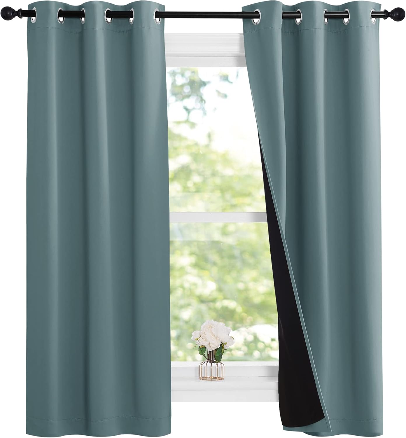 NICETOWN Aqua 100% Blackout Lined Curtains, 2 Thick Layers Narrow Wide Window Treatment Panels Thermal Insulated Drapes for Kitchen Small Window (1 Pair, 37" Width x 63" Length Each Panel)