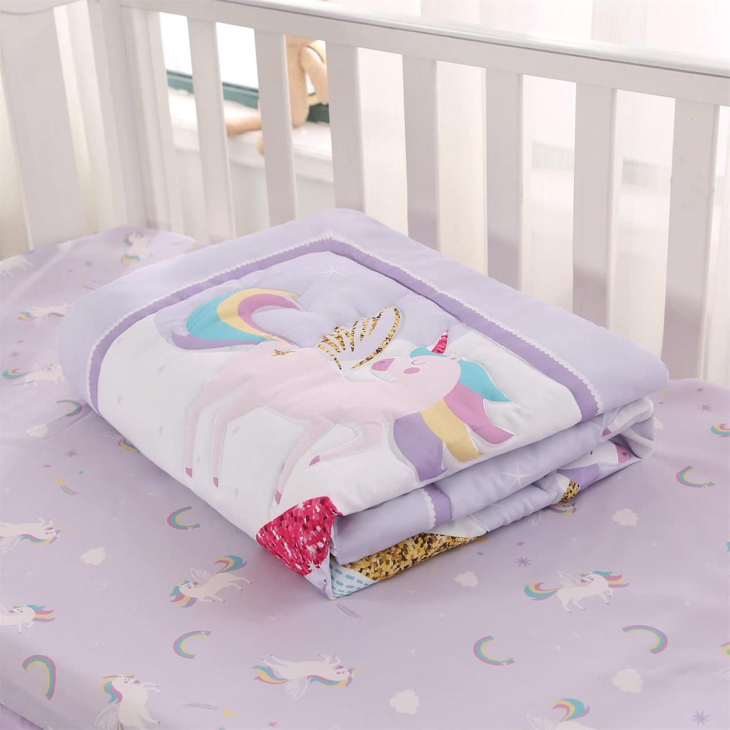 Wowelife Mini Girl Crib Bedding Set, 3 Piece Unicorn Mini Crib Comforter Set, Baby Girl Nursery Bedding Set Include Breathable Comforter, Crib Skirt and 38x24 Sheet, Purple