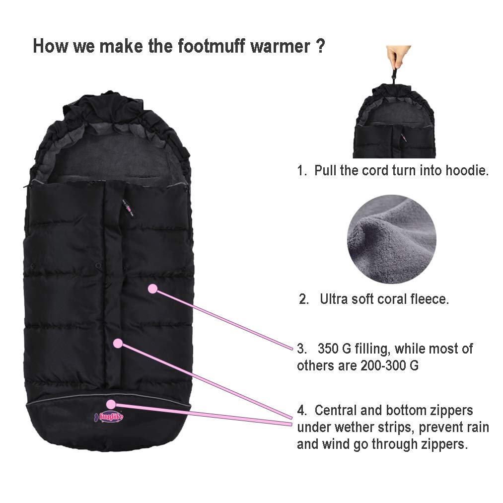 German Designed Universal Stroller Footmuff, 2 Way Zippers Style Easy for Baby in&Out, Length Extensible,Temperature Adjustable Footmuff Fits Baby Growth,Reflective Strips Around Bunting Bag