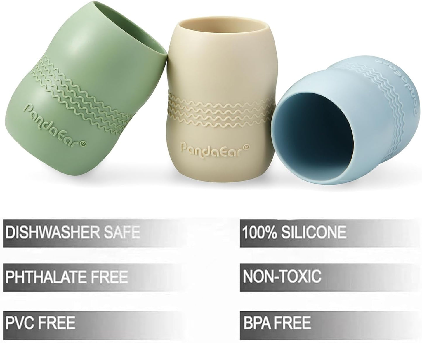 PandaEar 3 Pack 100% Tiny Silicone Drinking Training Cup for Baby and Toddler, Tiny Open Cups for Infants (Blue/Green/Tan)