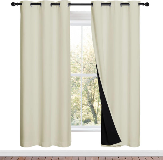 NICETOWN Living Room Completely Shaded Draperies, Privacy Protection & Noise Reducing Ring Top Drapes, Black Lined Insulated Window Treatment Curtain Panels (Beige, 2 Pieces, W42 x L72)