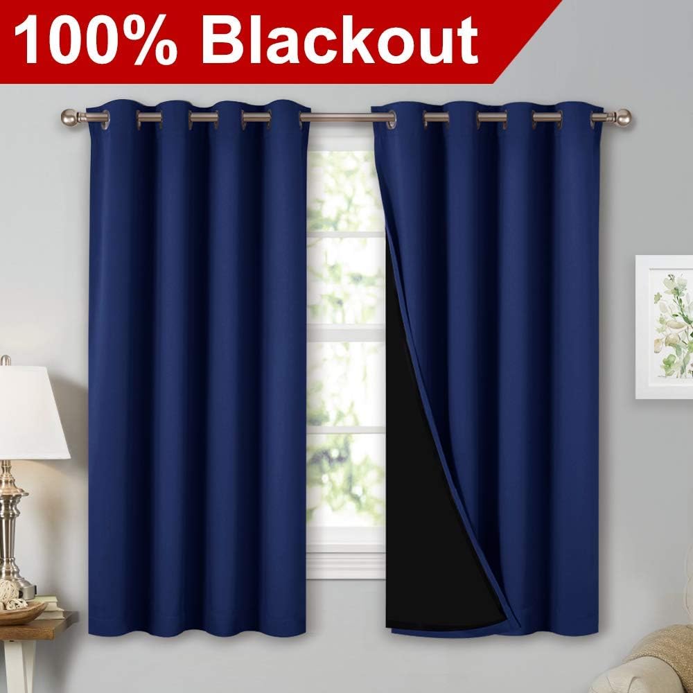 NICETOWN 100% Blackout Curtains with Black Liners, Thermal Insulated 2-Layer Lined Drapes, Energy Efficiency Small Window Draperies for Dining Room (Royal Blue, 2 Panels, 52 inches W by 54 inches L)