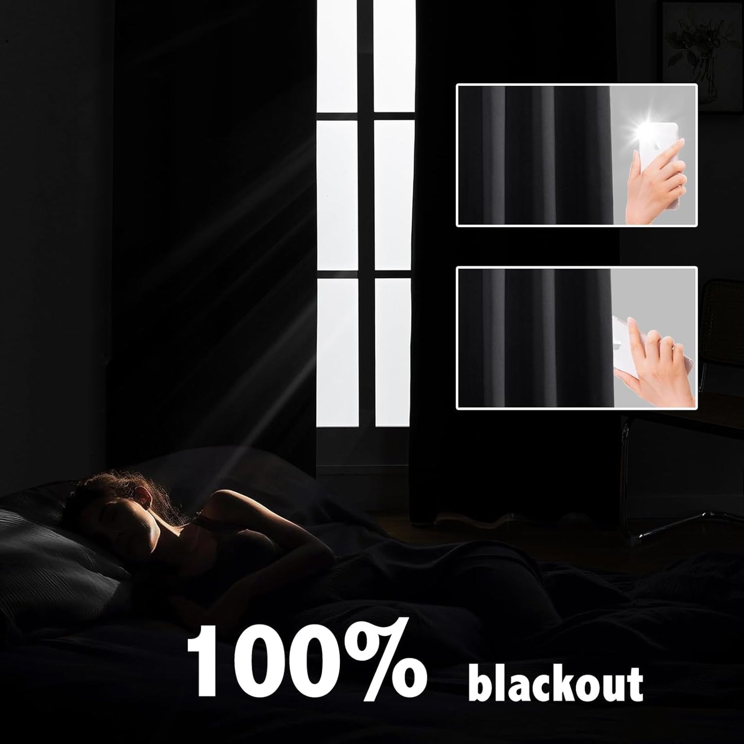 Anytime 100% Blackout Curtain Set, Thermal Insulated & Energy Efficiency Window Draperies for Guest Room, Full Shading Panels for Shift Worker and Light Sleepers（Black, 2 Panels, 52W x 72L）
