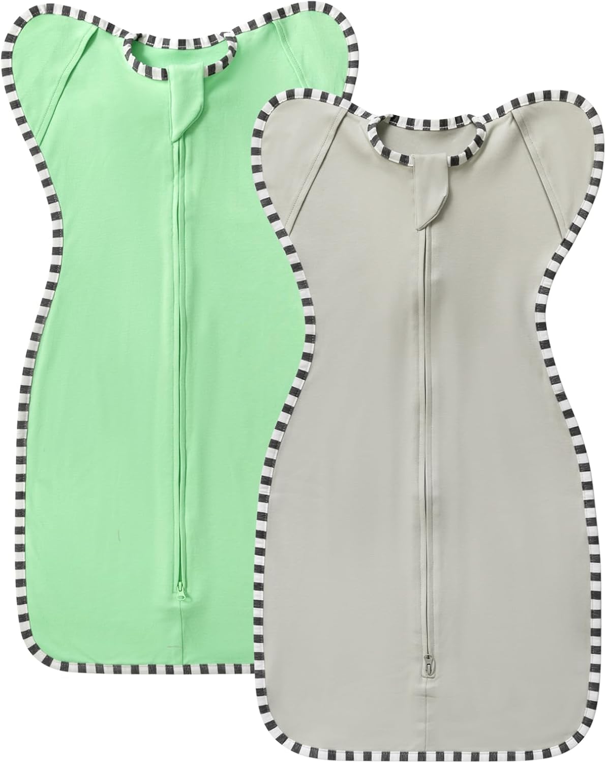 Transition Swaddle, 2 Pack 100% Cotton Baby Sleep Sack, 2-Way Zipper Infant Arm Up Swaddle for Newborn Baby Boys Girls (Green + Grey, M(3-6 Months))