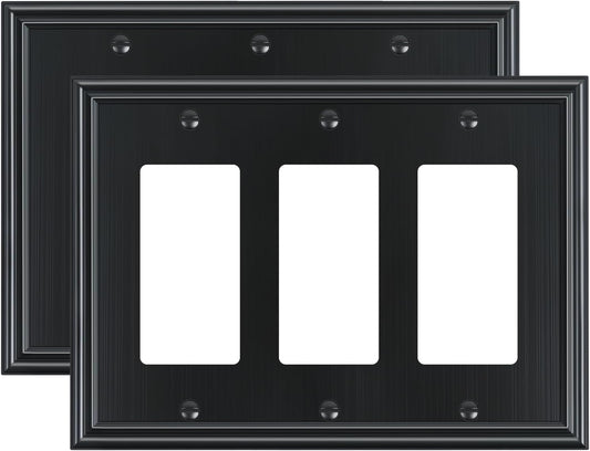 2-Pack Decorative Tripple Decorator Outlet Cover Plate, Durable Zinc Alloy Black Wall Plates for Electrical Outlets, Receptacle, GFCI Outlet, Dimmer Switch, 3-Gang, Corrosion Resistant