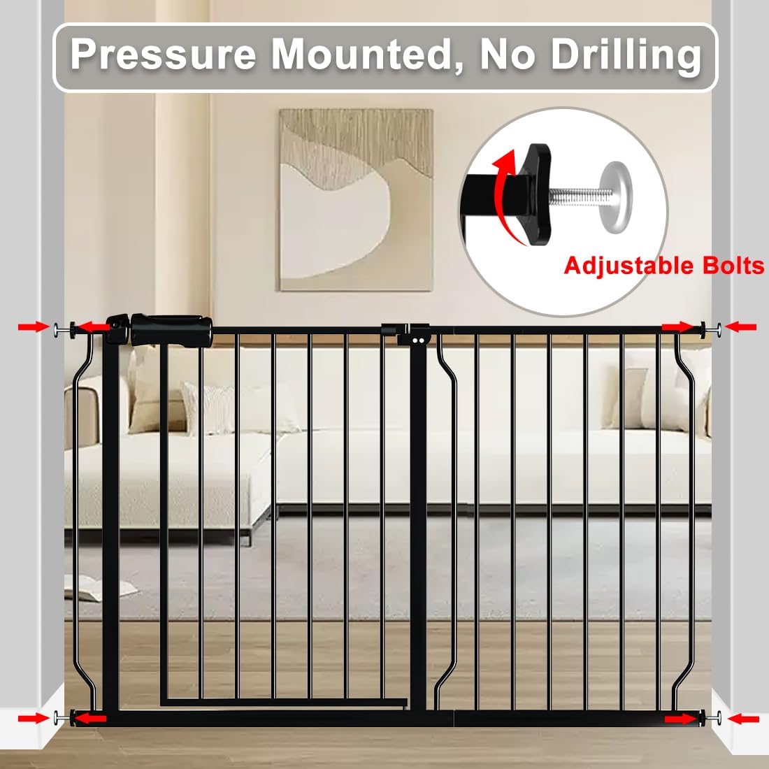 Fairy Baby Walk Through Baby Gate 34-38.5 Inch Wide, Pressure Mounted Safety Gate with Door No Drill, Tension Metal Gate for Dog and Toddler, Black