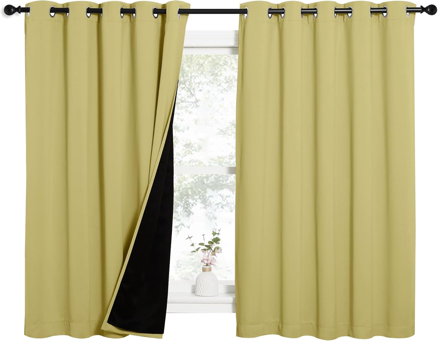NICETOWN 100% Blackout Curtains with Black Liners, Thermal Insulated Full Blackout 2-Layer Lined Drapes, Energy Efficiency Window Draperies for Bedroom (Paler Yellow, 2 Panels, 62-inch W by 63-inch L)